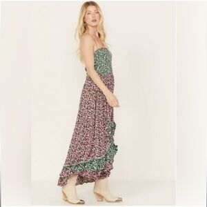 Free People | Dresses | Free People Floral Ruffle Dress Black Green Pink  Tie Back Smocked Womens Large | Poshmark